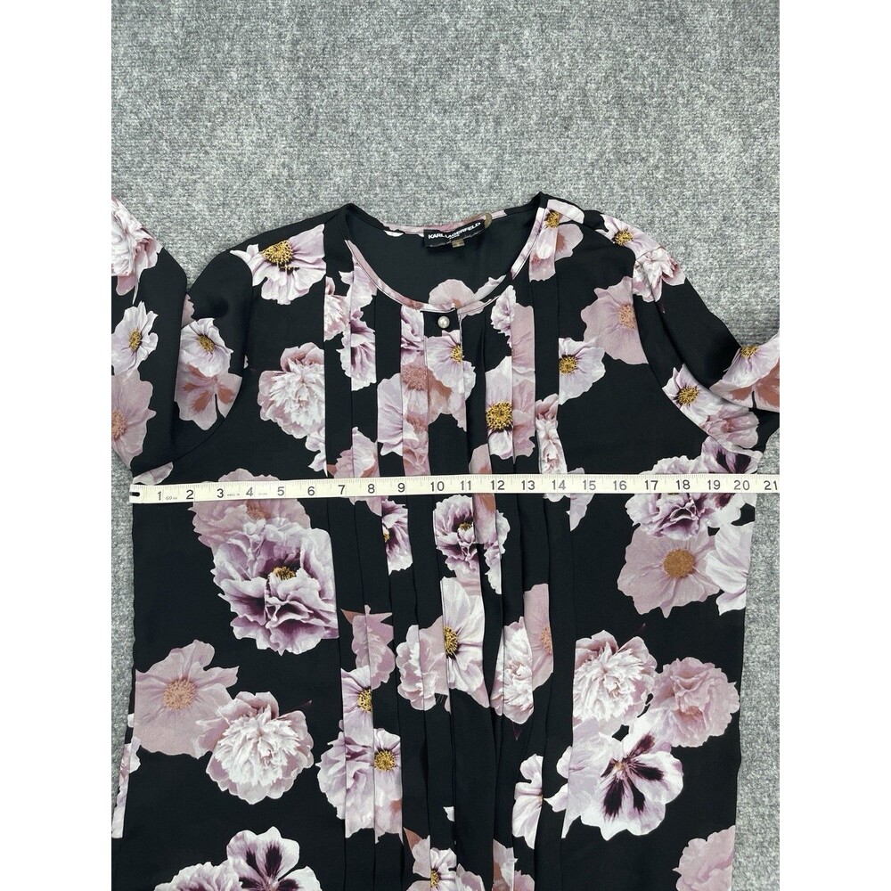 Karl Lagerfeld Top Womens Medium Black Floral Lightweight Long Sleeve Blouse - Picture 8 of 11